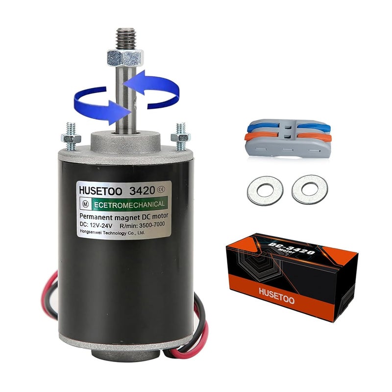 HUSETOO محرك تيار مستمر عالي العزم 12V/24V، محرك هادئ لمشاريع DIY مع موصل كابل لمحركات كهربائية ومولدات، 30W CW/CCW 3500/7000RPM (عمود دوار ملولب) - Image 1